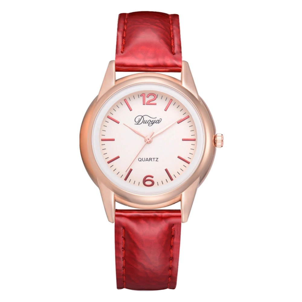 DISU Women PU Leather Strap Alloy Quartz Watch Wristwatch (Red)