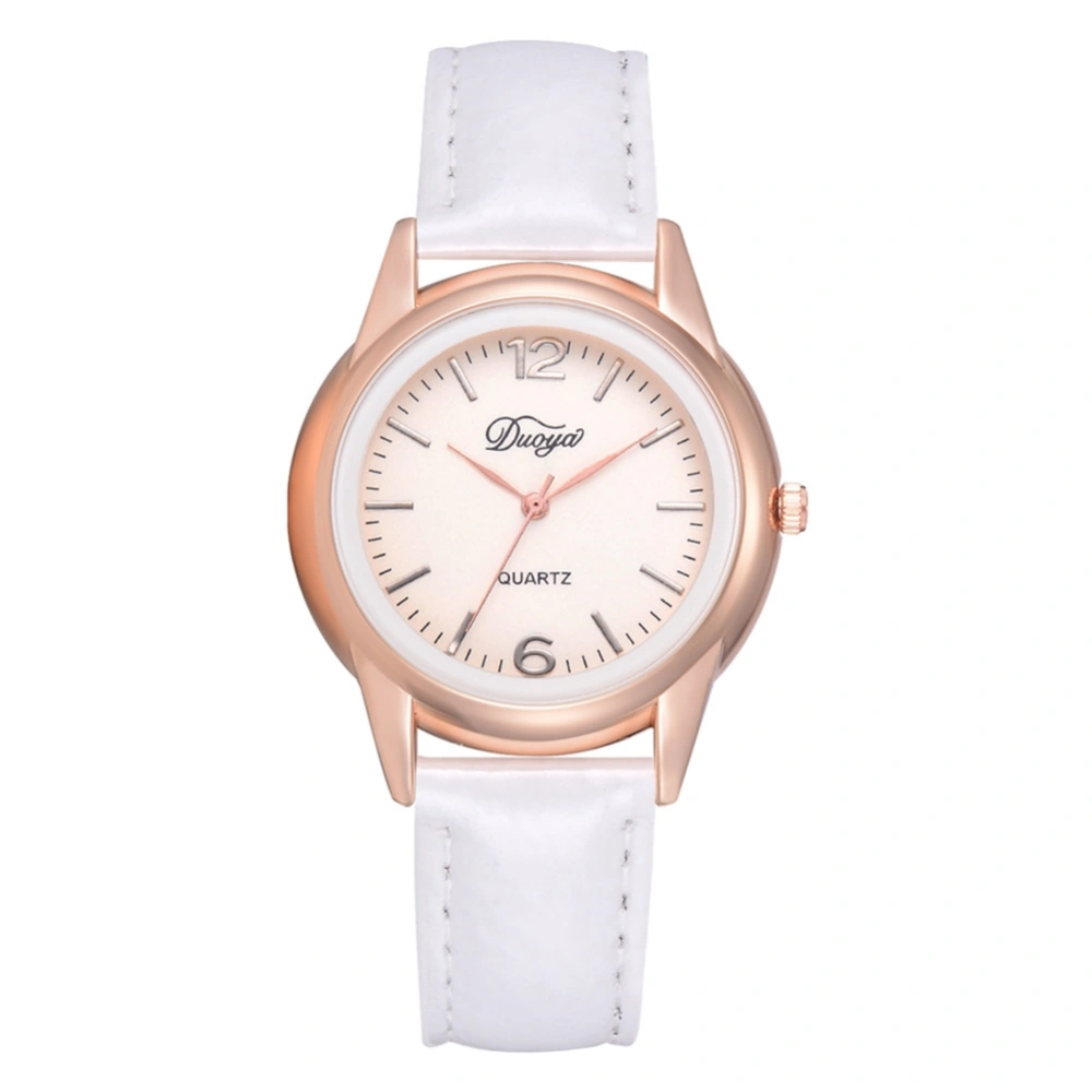 DISU Women PU Leather Strap Alloy Quartz Watch Wristwatch (White)