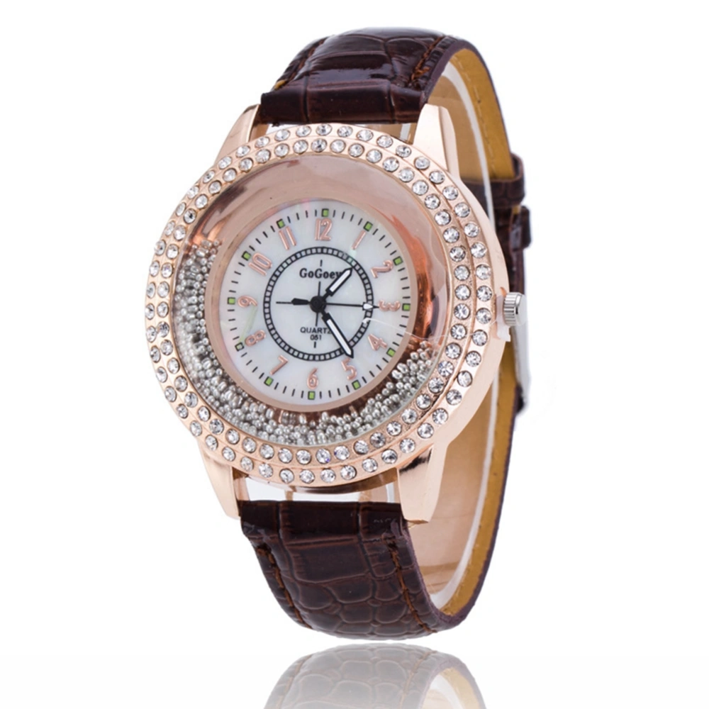 Fashionable Round Dial Quicksand Rhinestone Quartz PU Leather Strap Wristwatch (Brown)