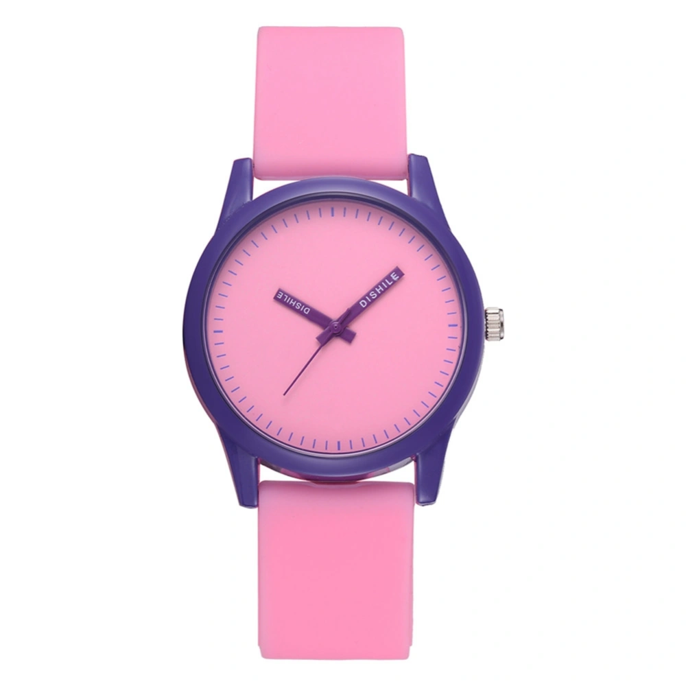 Fashionable Solid Color Quartz Wristwatch Silicone Strap Simple Round Watch(Pink)