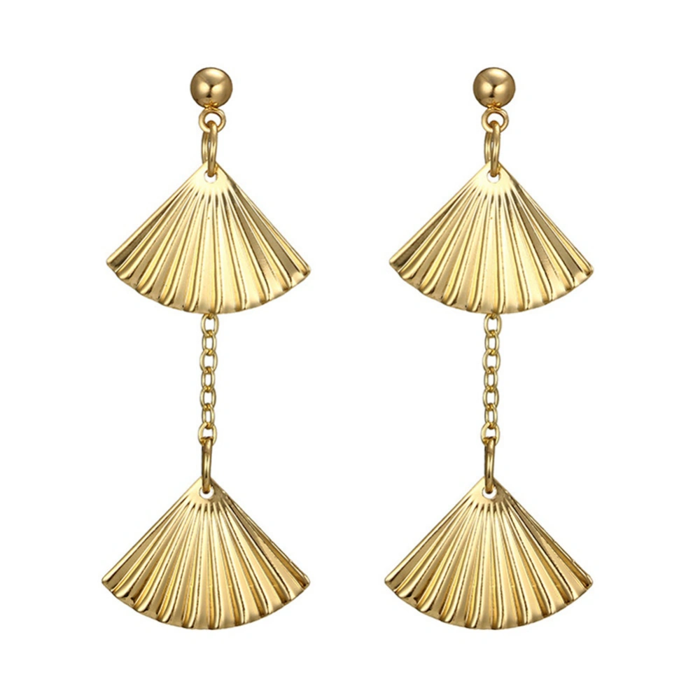 Double layered Fan shaped Tassel Long Earrings Geometric Metal Ear Drop(Golden)