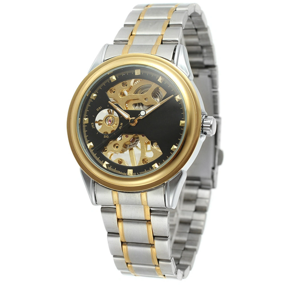 WINNER Men Hollow Mechanical Waterproof Watch Wristwatch (Black Dial Gold Case)