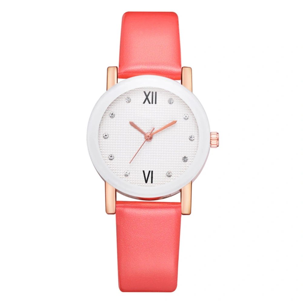 DISU Casual Women Rhinestone Quartz Wristwatch PU Leather Strap Simple Round Watch(Red)