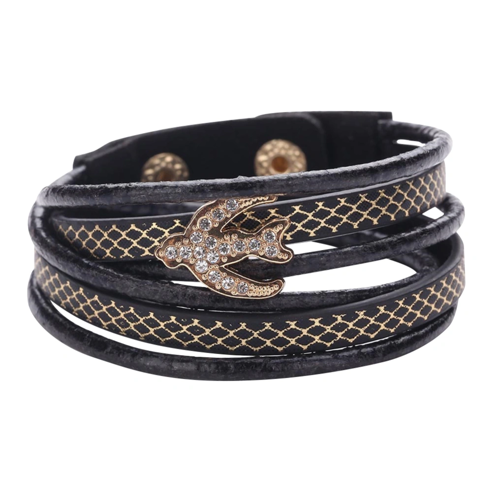 Fashionable Airplane Shape Rhinestone PU Leather Buckle Bracelet Jewelry (Black)