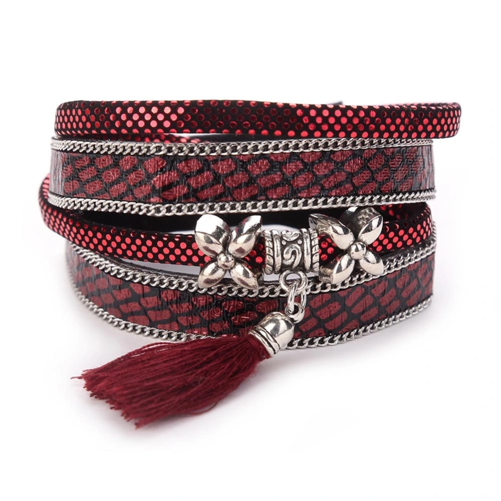 Fashionable Tassel Pendant PU Leather Multi color Buckle Bracelet Jewelry (Red)