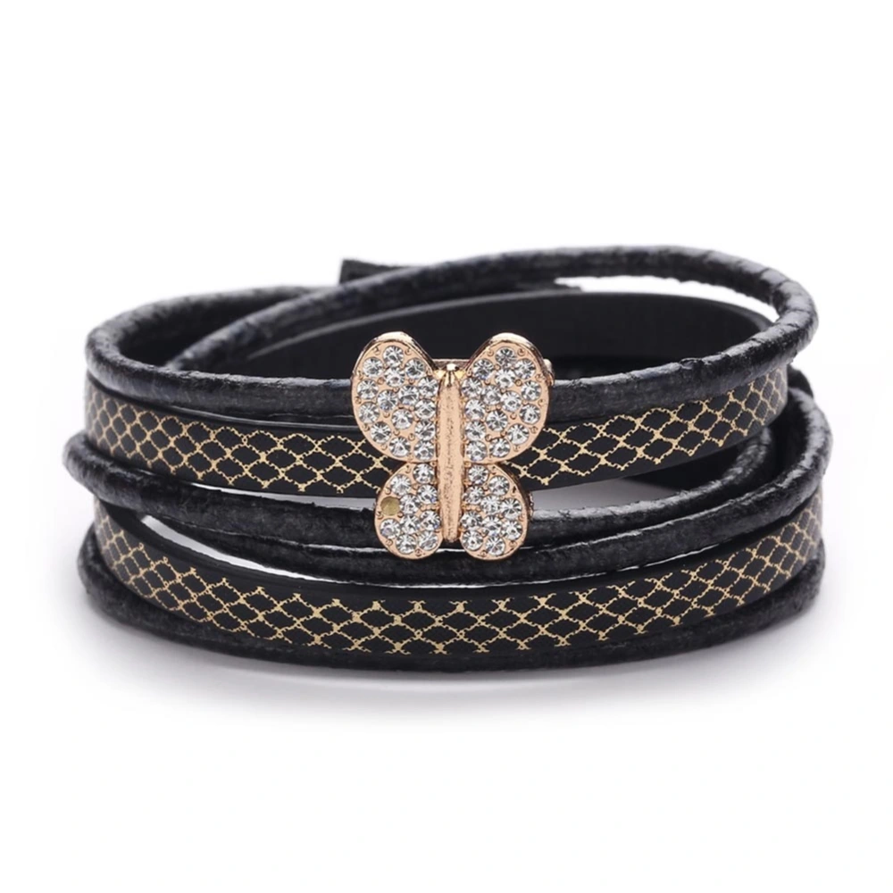 Fashionable Cute Beautiful Shape Rhinestone PU Leather Buckle Bracelet Jewelry (Black)