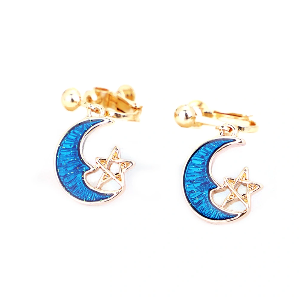 Fashion Accessory Asymmetry Star and Moon Pattern Dangle Drop Earrings (452 Dark Blue Clip)