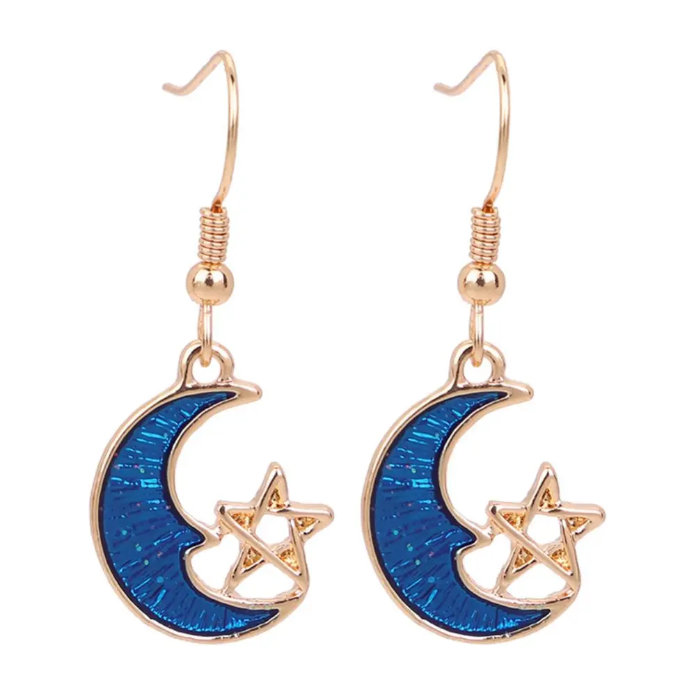 Fashion Accessory Asymmetry Star and Moon Pattern Dangle Drop Earrings (453 Dark Blue)