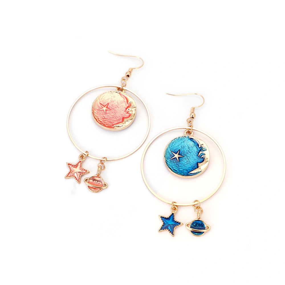 Fashion Accessory Asymmetry Star and Moon Pattern Dangle Drop Earrings (463 Pink+Dark Blue)