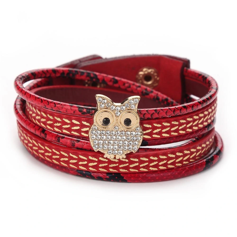 Fashionable Rhinestone Owl Multilayer Snap Button Bracelet Jewelry Accessories(Red)