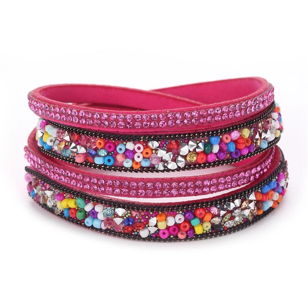 Fashionable Velvet Multilayer Rhinestone Acrylic Beads Bracelet Women Accessories(Rose Red)