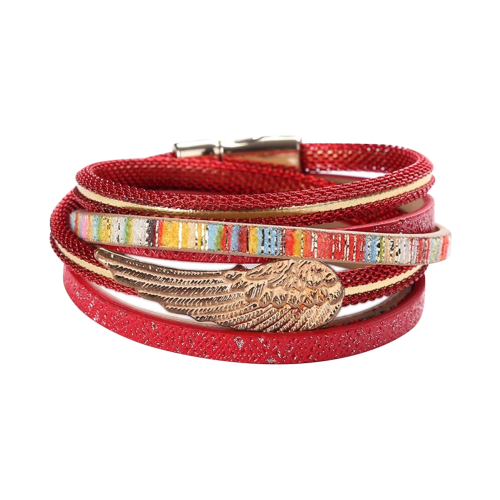 Wing Shape Decoration Multilayer PU Leather Strap Bracelet Alloy Magnetic Buckle Bracelet Red