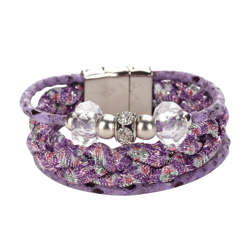 Fashion Nylon Knitting Multilevel Bead String Magnetic Buckle Bracelet Women Jewelry(purple)