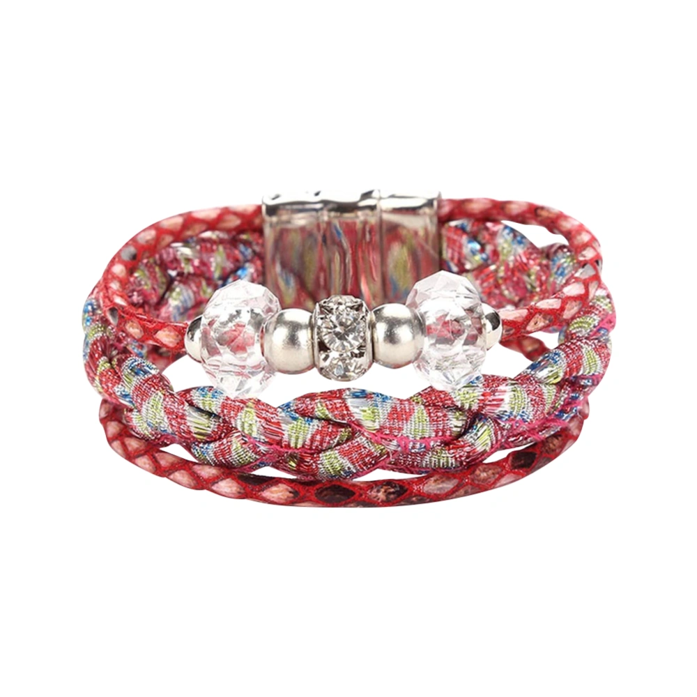 Fashion Nylon Knitting Multilevel Bead String Magnetic Buckle Bracelet Women Jewelry(red)