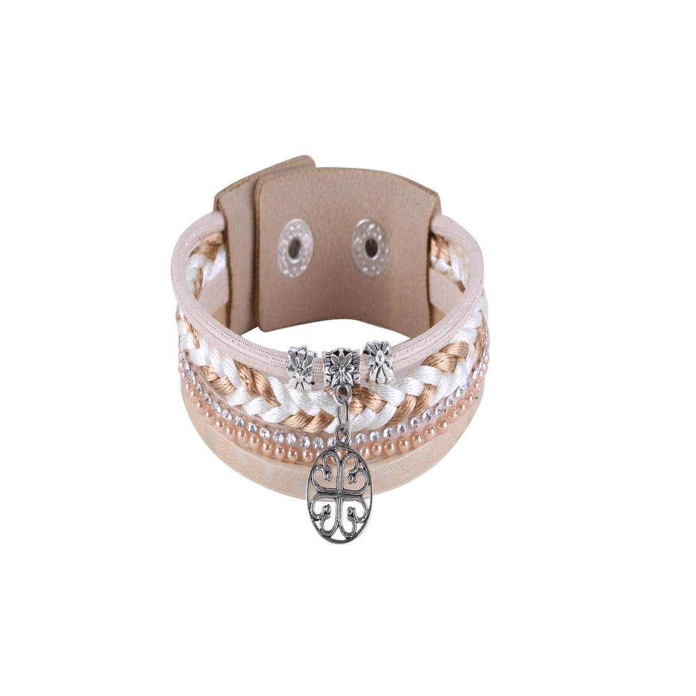 Fashionable Flower Pendant Bracelet Braided Women Bangle Beige