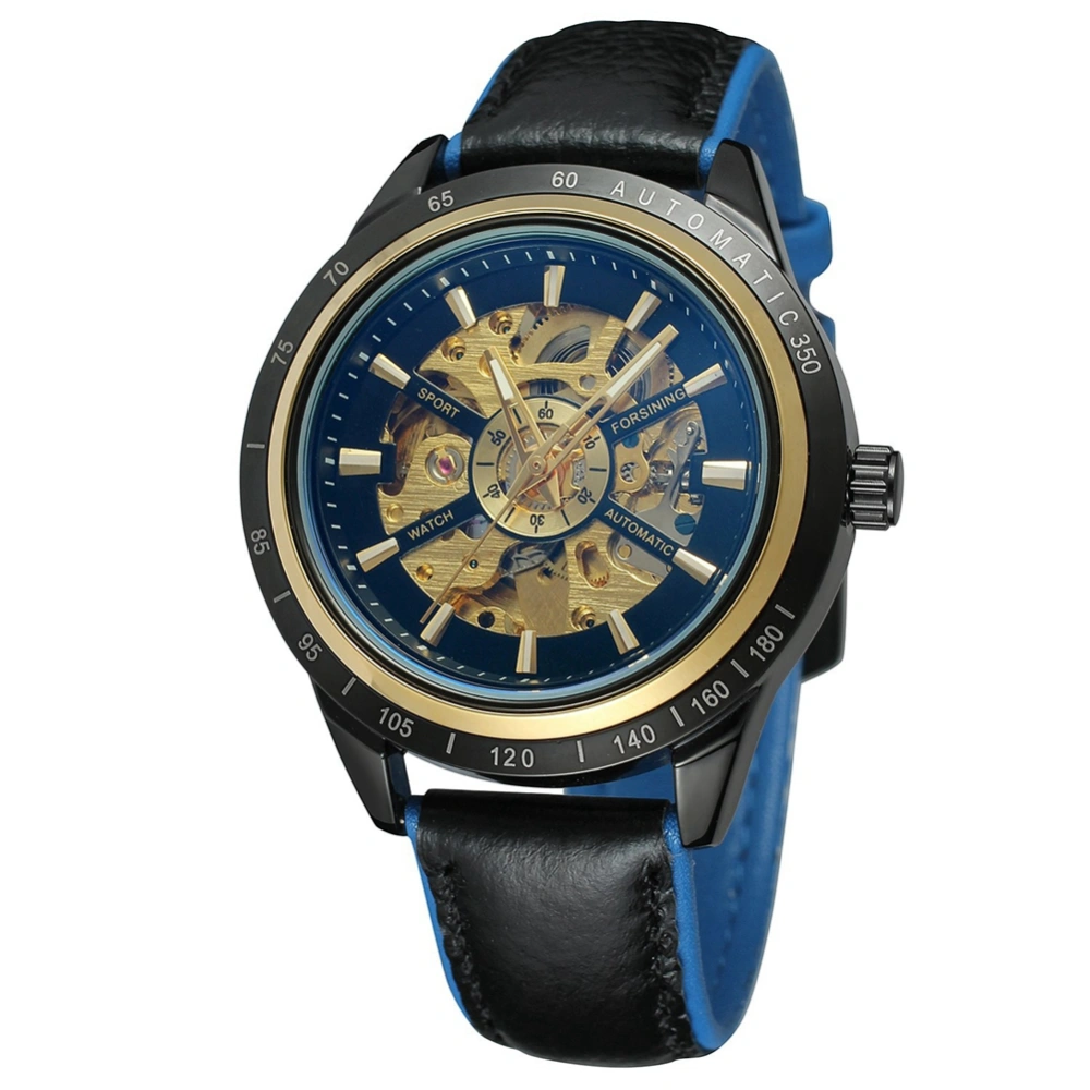 FORSINING Male Automatic Mechanical Watch Leather Strap Round Wristwatch(Black Blue)