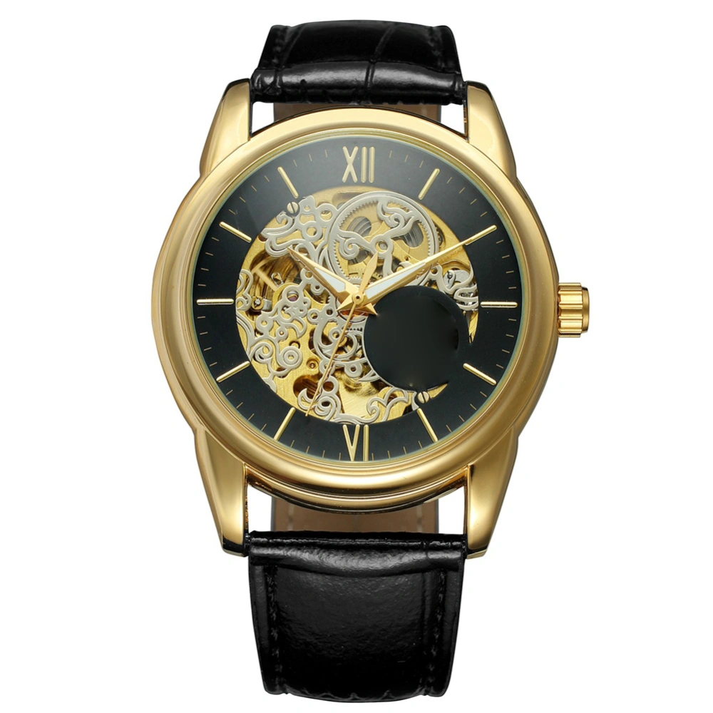 WINNER Male Mechanical Watch Leather Strap Fashionable Round Wristwatch(Black Golden)