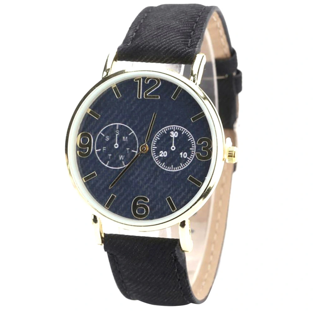 Alloy Case PU Strap Quartz Movement Analog Round Dial Wristwatch Watch Black