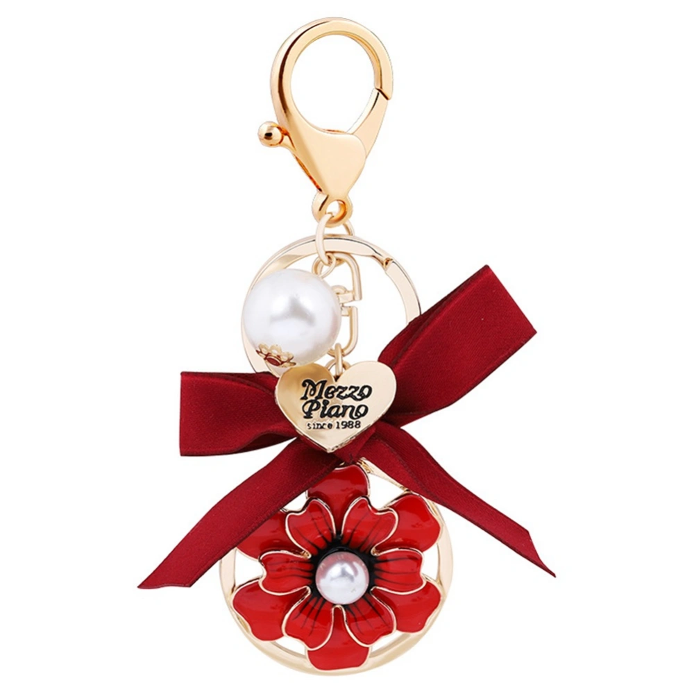 Fashionable Jewelry Key Ring Bowknot Flower Shape Pendant Faux Pearl Decoration Keychain (Red)