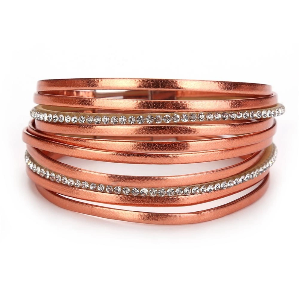 Fashion Women Layers Imitative Metal PU Rhinestones Bracelet Bangle (Rose Gold)