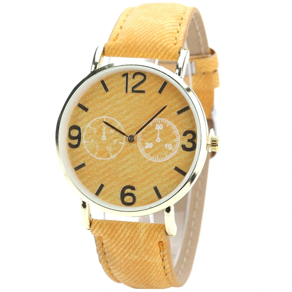 Alloy Case PU Strap Quartz Movement Analog Round Dial Wristwatch Watch Yellow