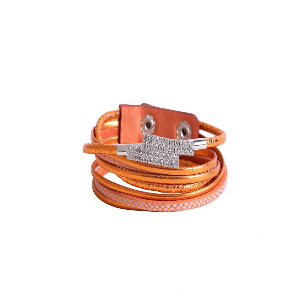 Multilayer Fashion Woman PU Leather Rhinestones Bracelet Simple Jewelry Accessory(Orange)