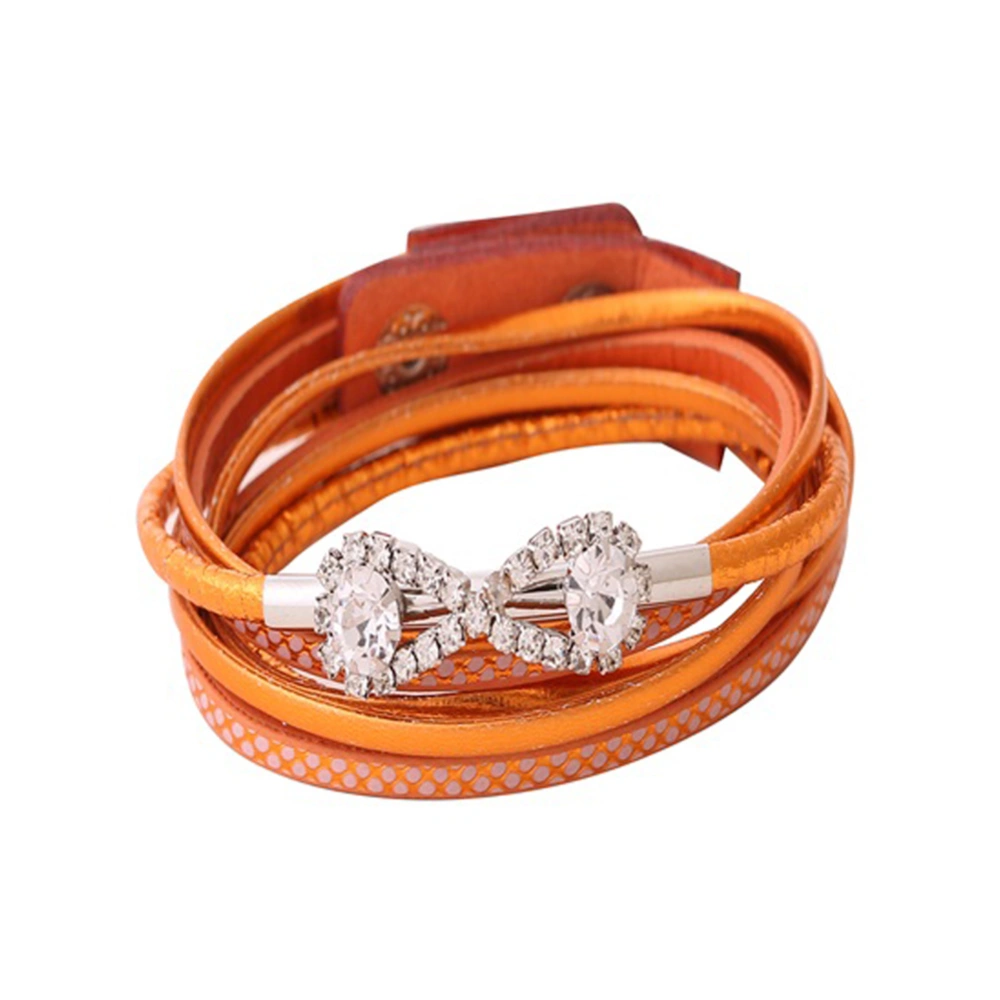 Vintage Multi layer Rhinestone Bowknot Shape PU Leather Bracelet Jewelry (Orange)