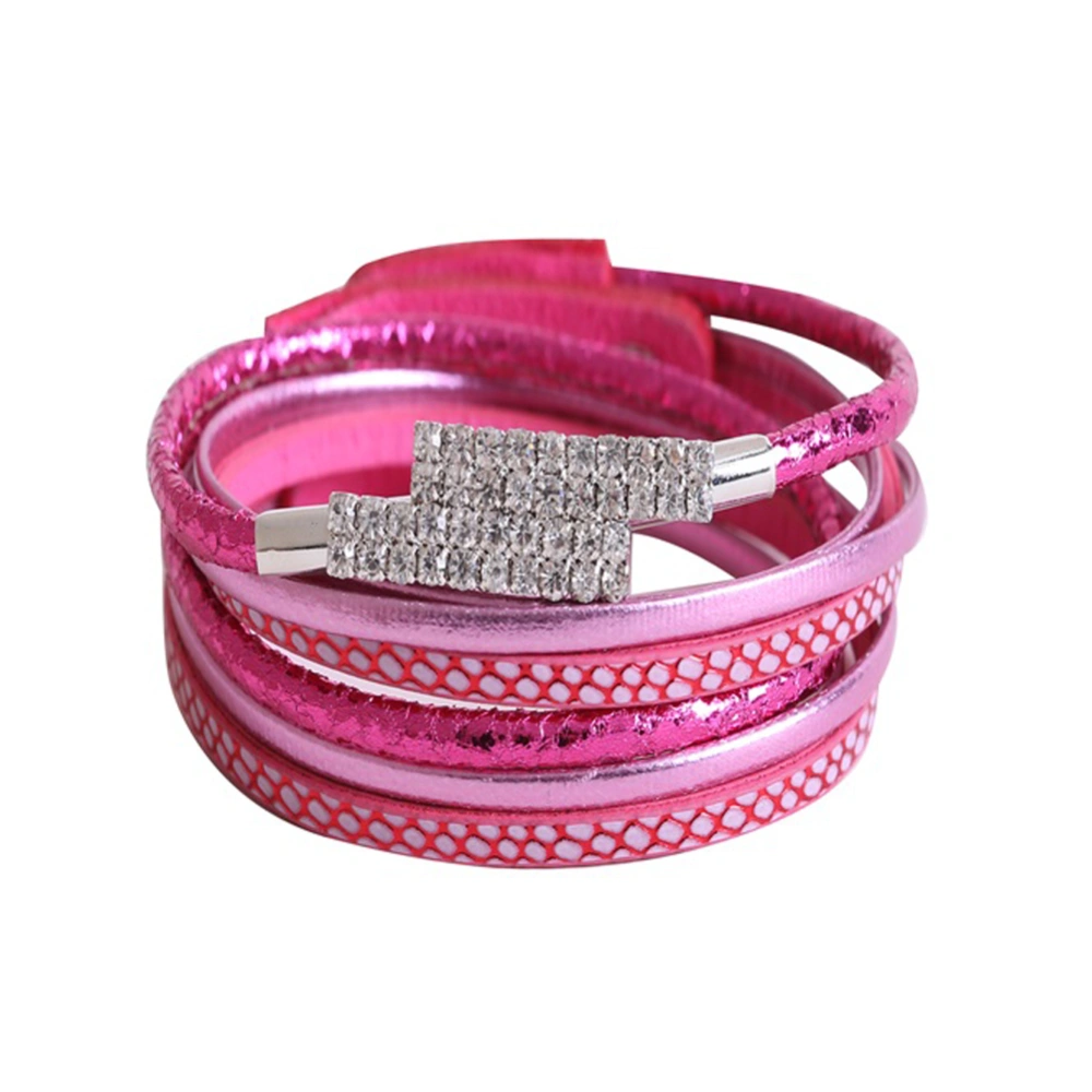 Multilayer Fashion Woman PU Leather Rhinestones Bracelet Simple Jewelry Accessory(Rose Red)