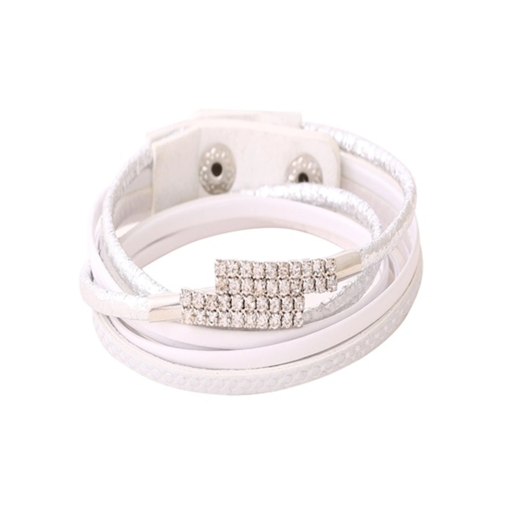 Multilayer Fashion Woman PU Leather Rhinestones Bracelet Simple Jewelry Accessory(White)