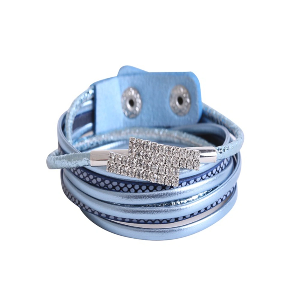 Multilayer Fashion Woman PU Leather Rhinestones Bracelet Simple Jewelry Accessory(Sky Blue)