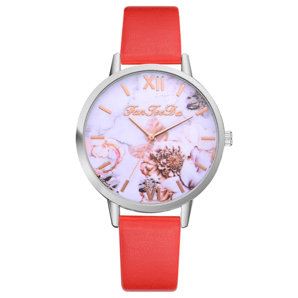 Fashion Simple Flower Pattern Round Dial Adjustable PU Strap Quartz Analog Watch FD156 (Red)