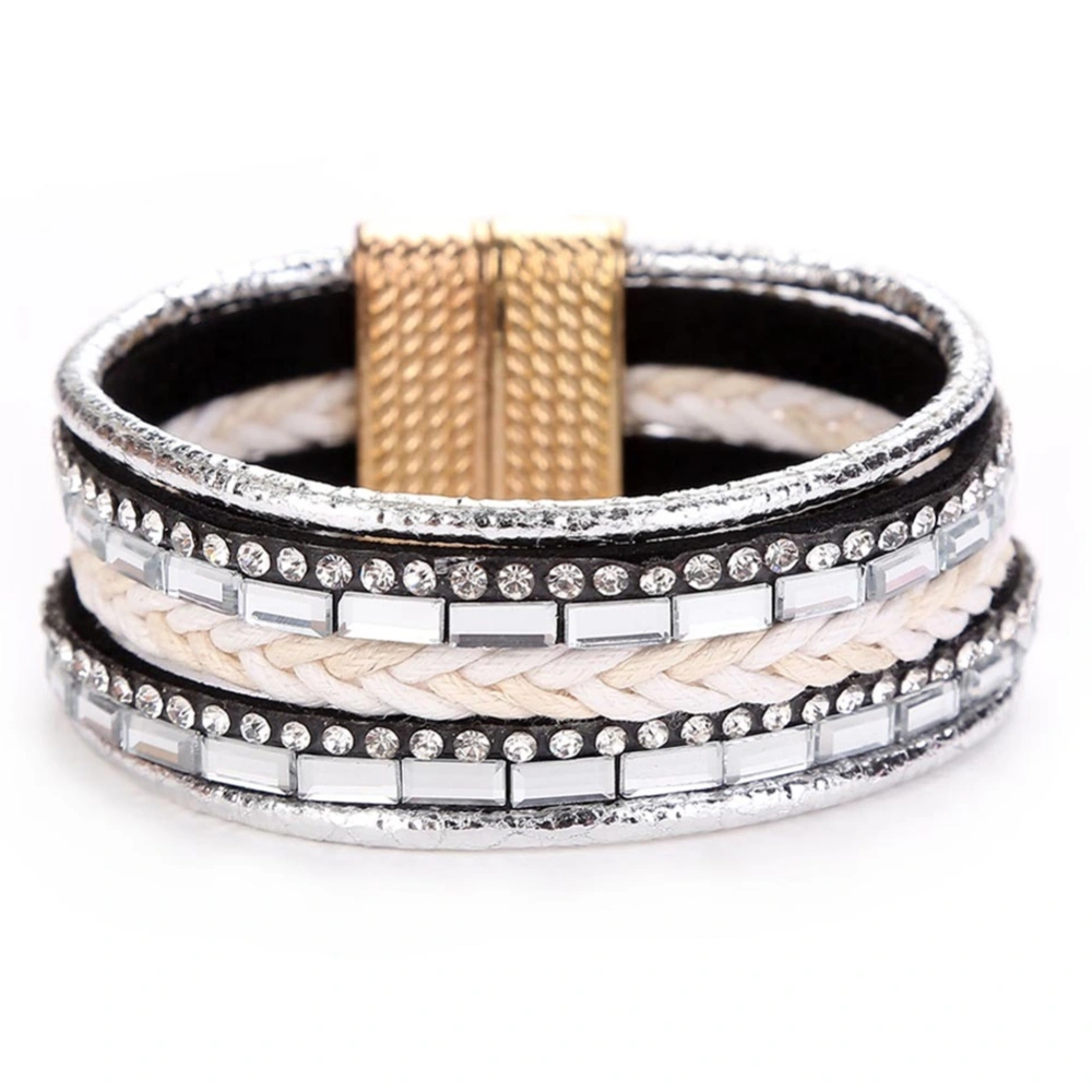 Fashionable Multi Layer Rhinestone Bracelet Braided Magnetic Clasp Women Bangle White