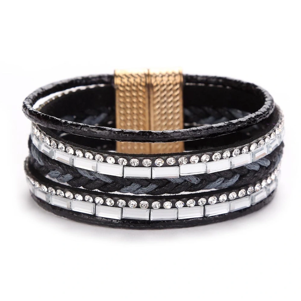 Fashionable Multi Layer Rhinestone Bracelet Braided Magnetic Clasp Women Bangle Black