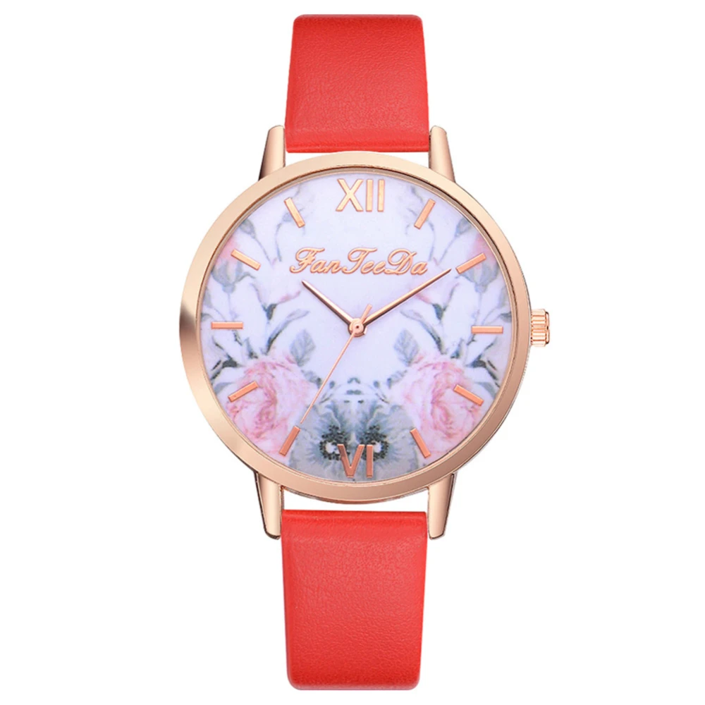 Fashion Simple Flower Pattern Round Dial Adjustable PU Strap Quartz Analog Watch FD157 (Red)