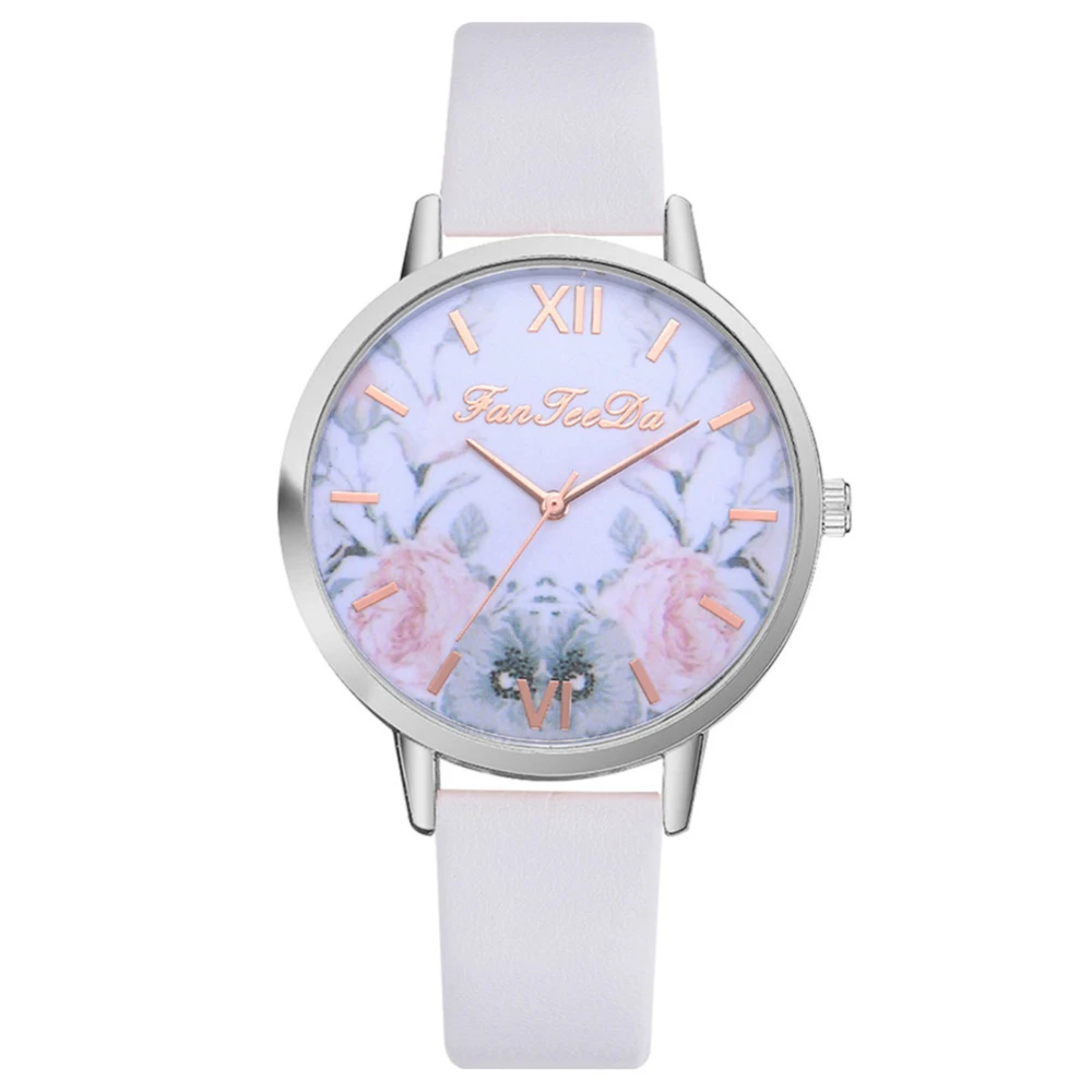 Fashion Simple Flower Pattern Round Dial Adjustable PU Strap Quartz Analog Watch FD158 (White)