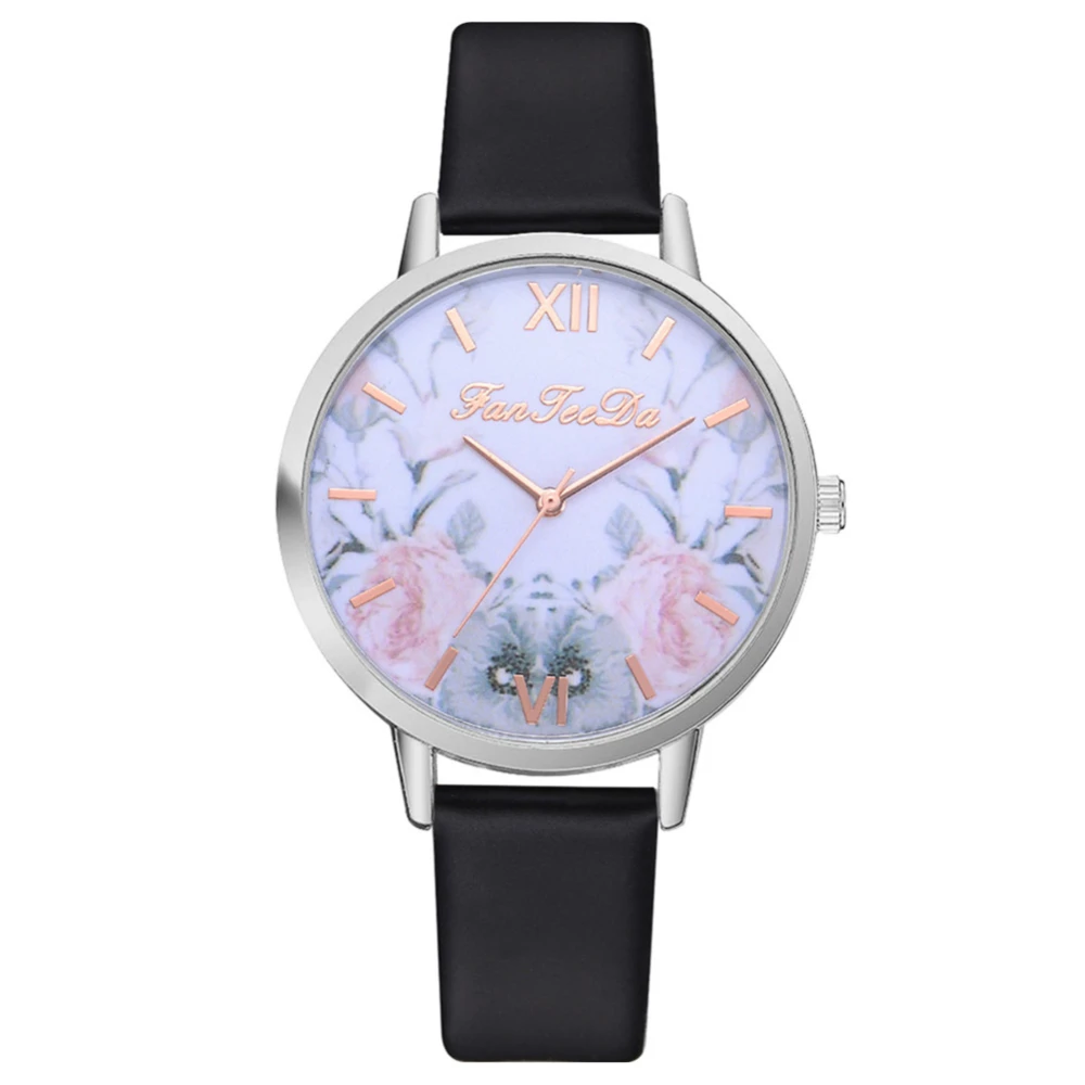 Fashion Simple Flower Pattern Round Dial Adjustable PU Strap Quartz Analog Watch FD158 (Black)