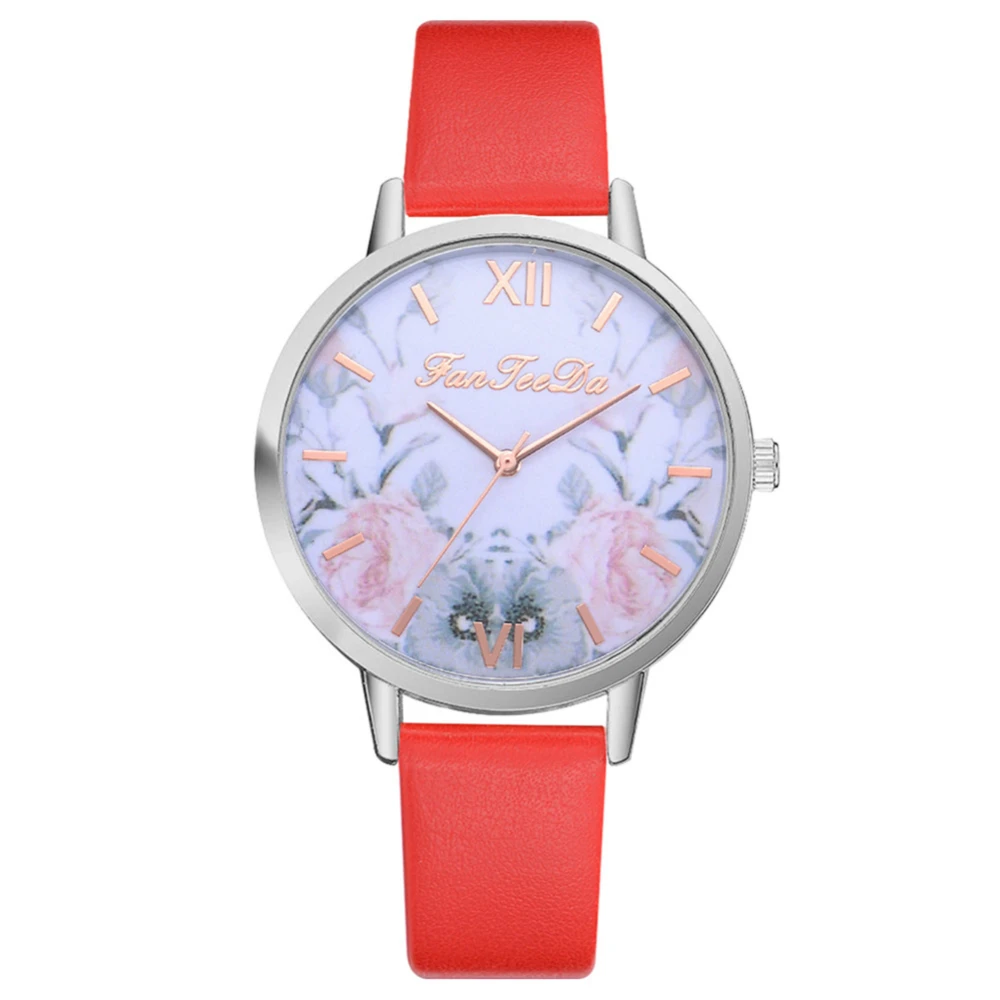 Fashion Simple Flower Pattern Round Dial Adjustable PU Strap Quartz Analog Watch FD158 (Red)