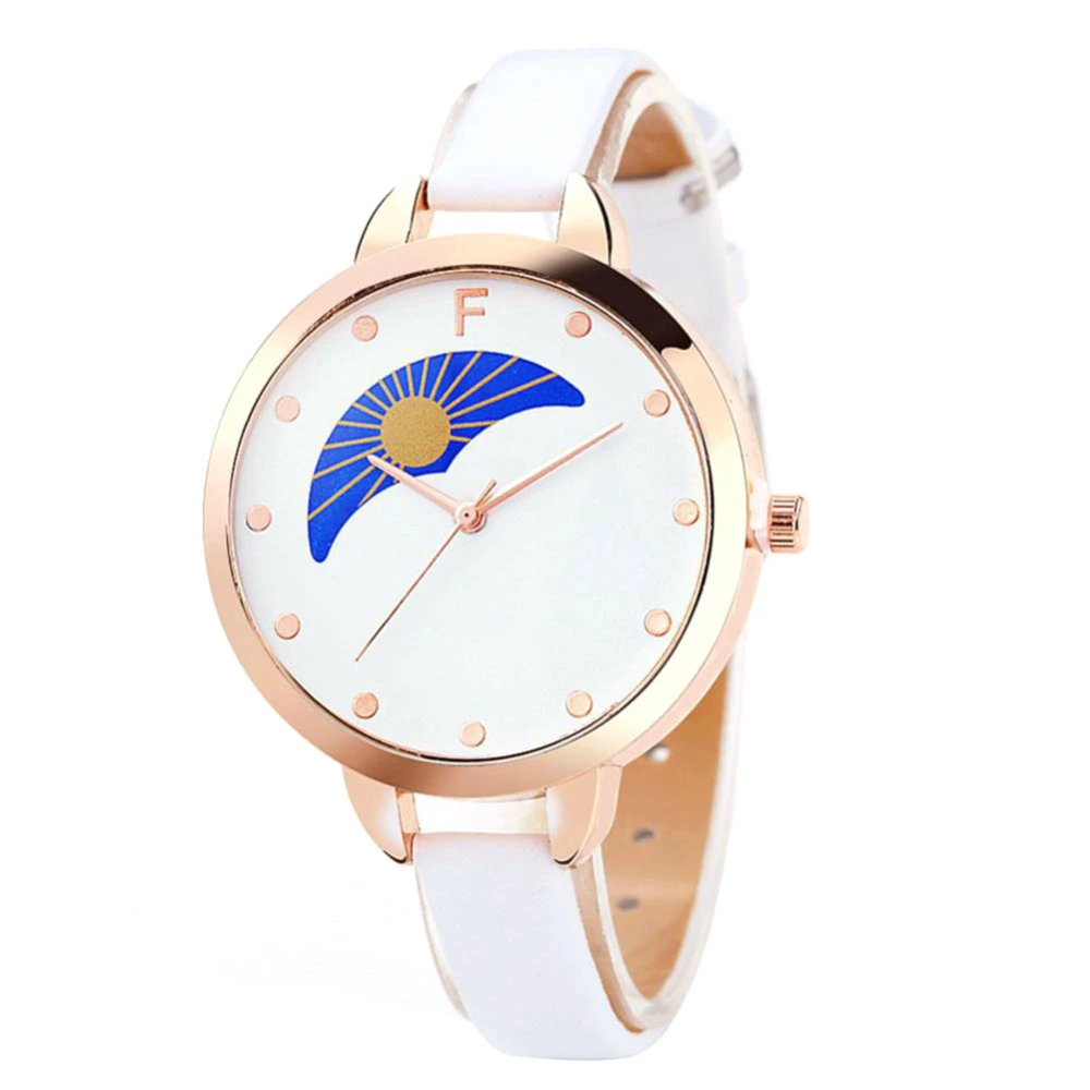 Alloy Case PU Strap Quartz Movement Analog Round Dial Wristwatch Watch FD055 White