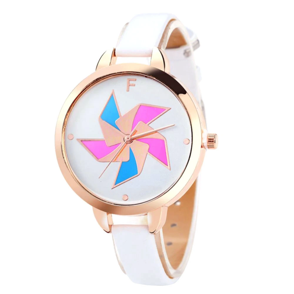 Alloy Case PU Strap Quartz Movement Pinwheel Pattern Round Dial Wristwatch Watch FD052 White