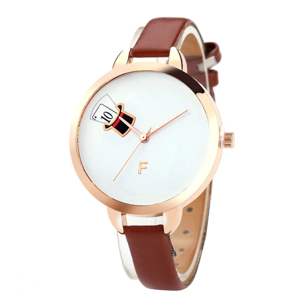 Alloy Case PU Strap Quartz Movement Analog Round Dial Wristwatch Watch FD054 Brown