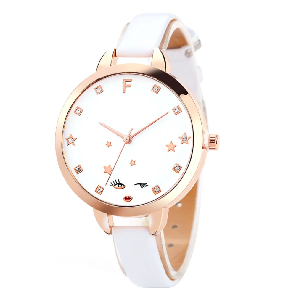 Alloy Case PU Strap Quartz Movement Analog Round Rhinestone Dial Wristwatch Watch FD051 White