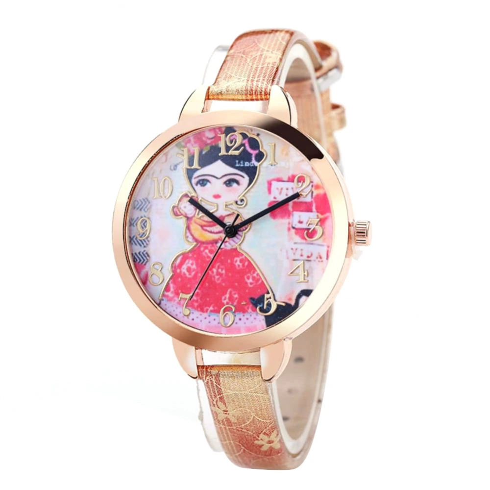 Alloy Case PU Strap Quartz Movement Analog Round Dial Wristwatch Watch FD048 Gold