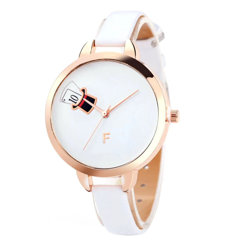 Alloy Case PU Strap Quartz Movement Analog Round Dial Wristwatch Watch FD054 White