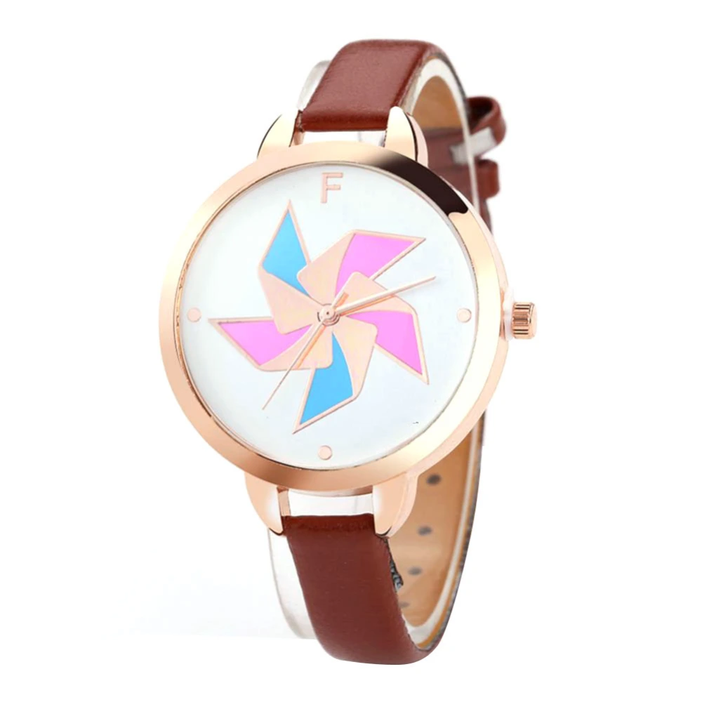 Alloy Case PU Strap Quartz Movement Pinwheel Pattern Round Dial Wristwatch Watch FD052 Brown