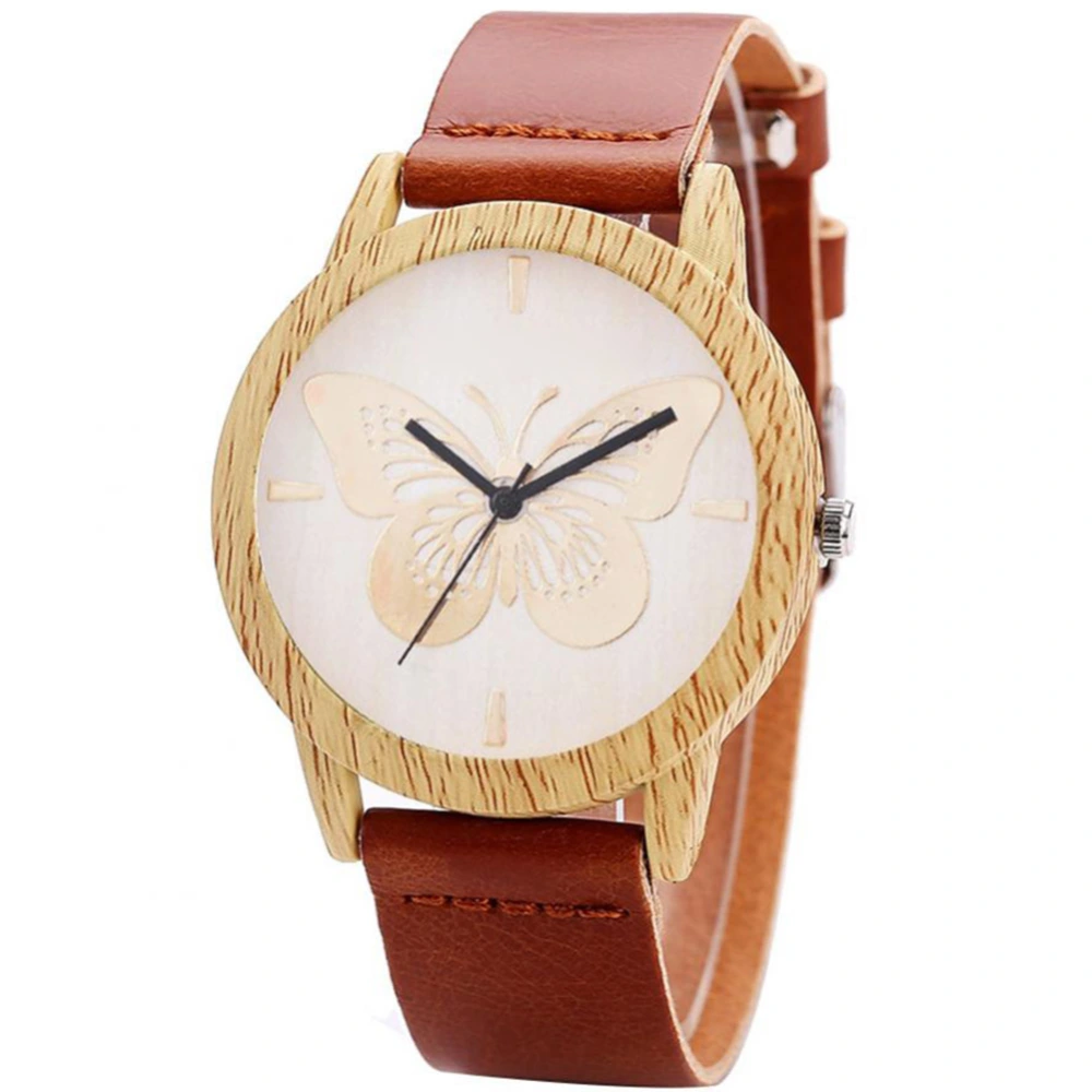 Butterfly Pattern Decoration Lady Watch Women Fashionable Quartz Movement Watch (Light Brown)