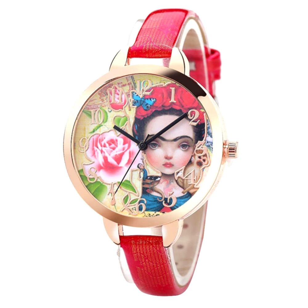 Peony Pattern Round Dial Adjustable PU Strap Quartz Analog Watch (Rose Red)