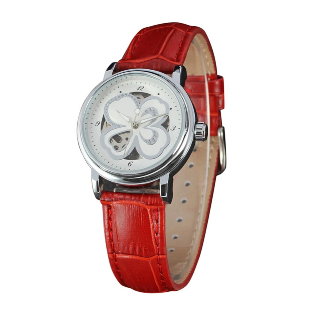 WINNER Casual Women PU Strap Hollow Automatic Mechanical Wristwatch White Red