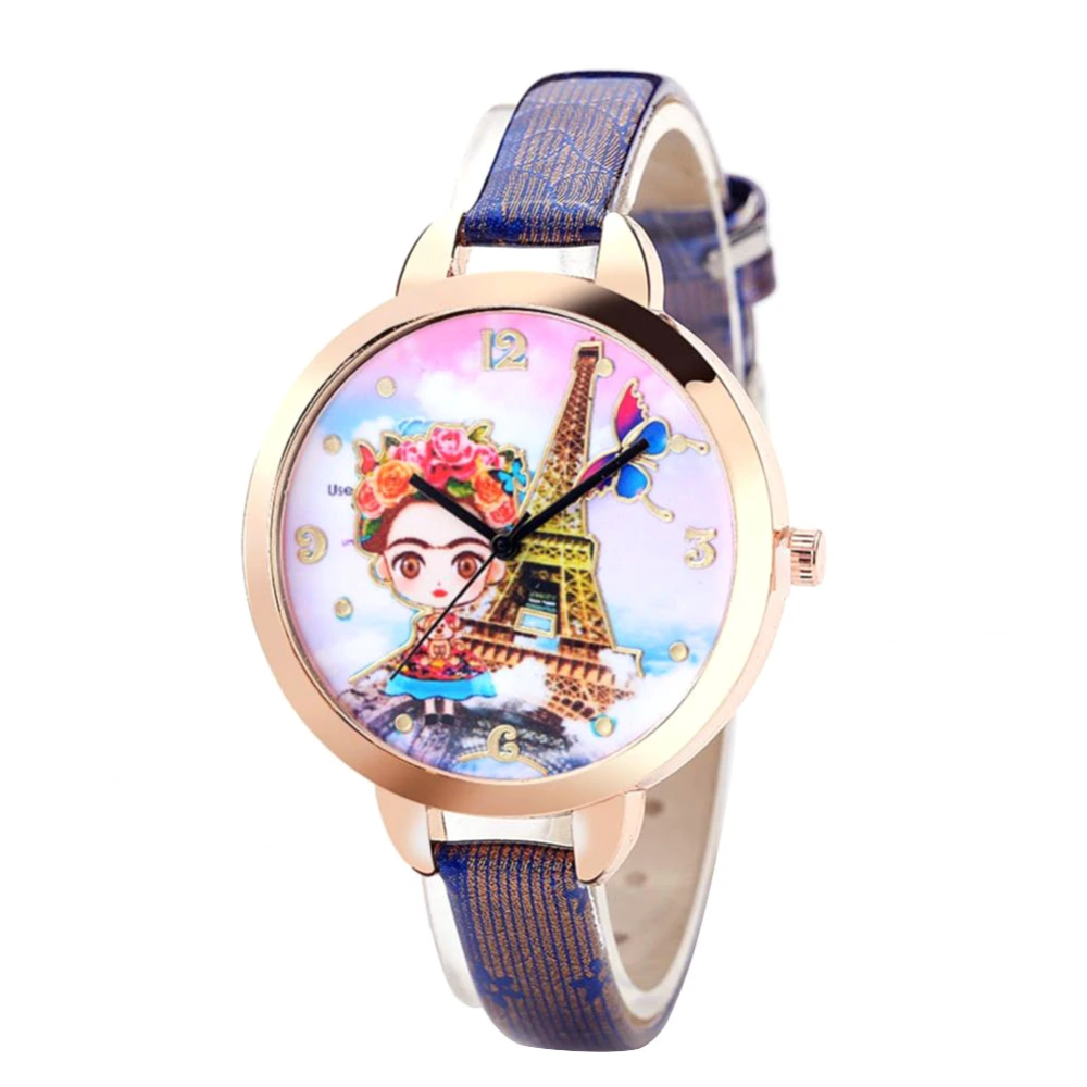 Fashionable Women Casual Retro PU Leather Strap Quartz Wristwatch Watch(Blue)