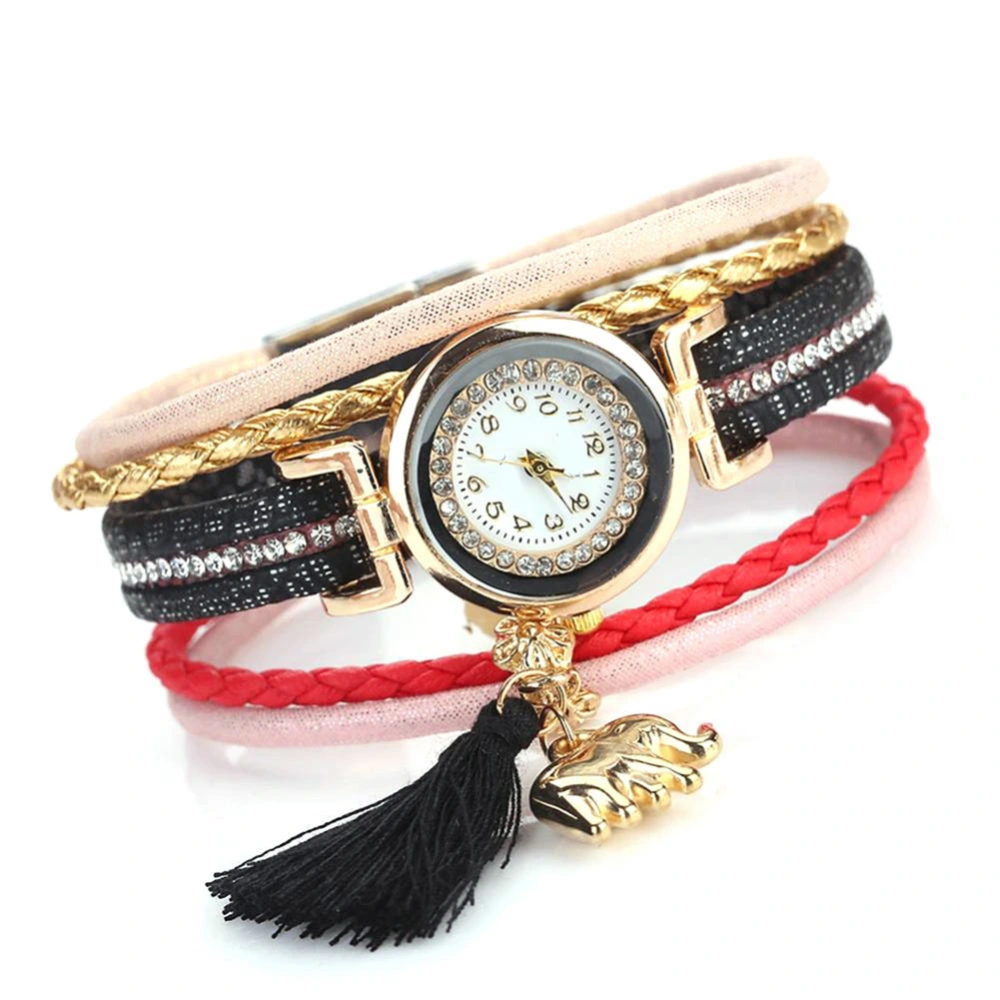 Women Retro Multilayer PU Leather Belt Tassel Elephant Pendant Quartz Watch(Black)