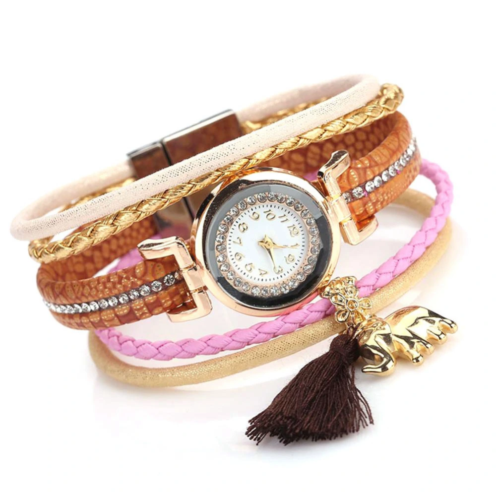 Women Retro Multilayer PU Leather Belt Tassel Elephant Pendant Quartz Watch(Brown)